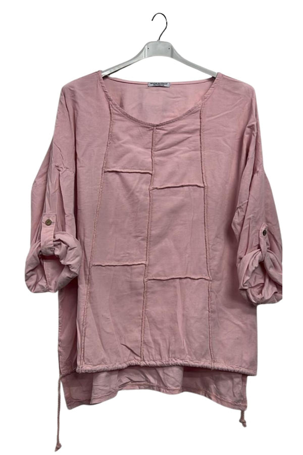 Plain Front Patch Detail High Low Drawstring Hem Cotton Top