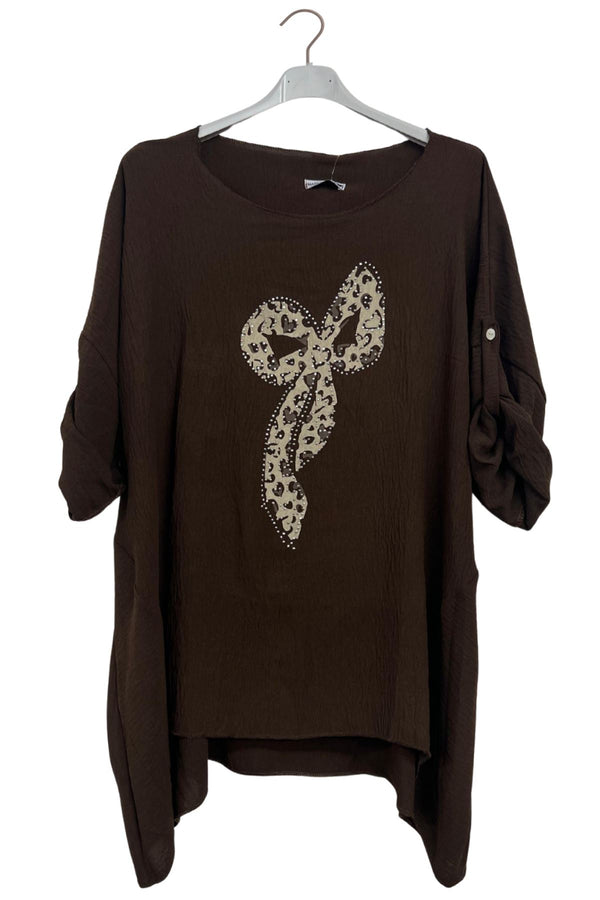 Leopard Print Bow Stud Detailing Longline Top