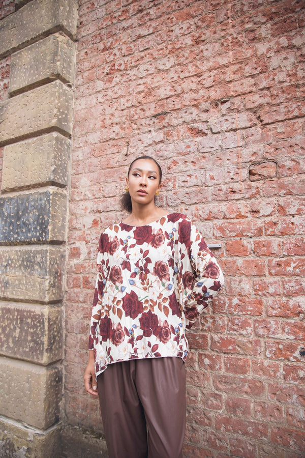 Rose Flower Print Soft Knit Top