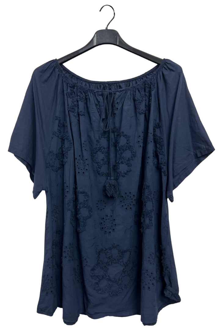 Floral Embroidered Pattern Slightly Curved Hem Cotton Top