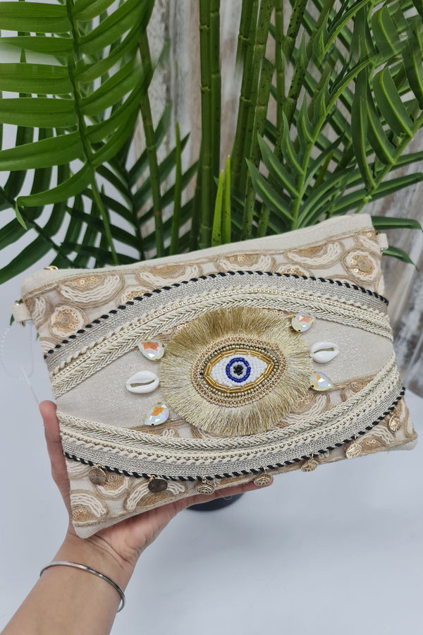Embroidered Eye Shell Clutch Bag