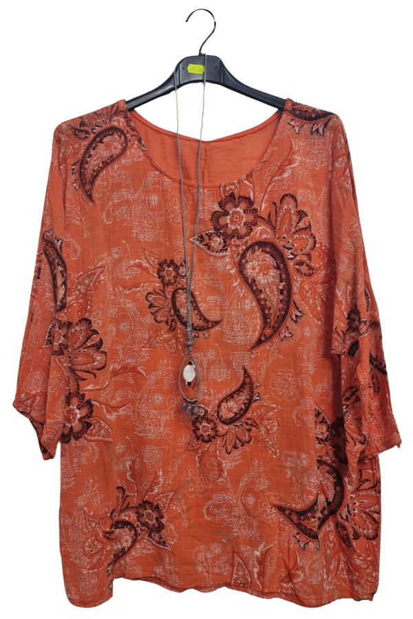 Floral Paisley Print Necklace Tunic Cotton Top