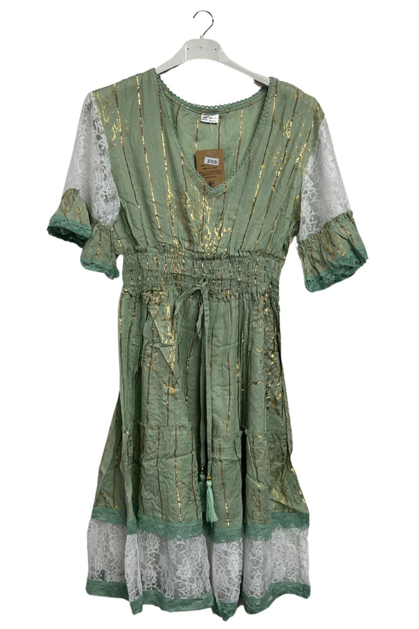 Vertical Stripe Gold Foil Detail Elastic Waist Dress