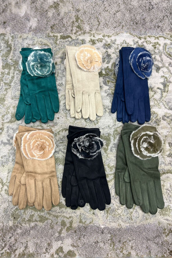 Suede Faux Fur Flower Gloves