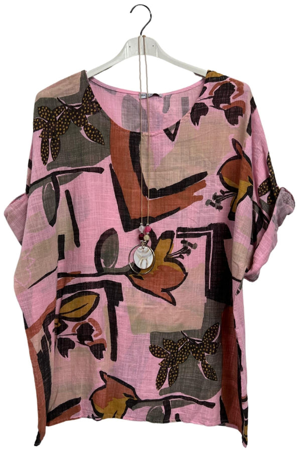 Abstract Leaf Print Oversized Necklace Tunic Cotton Top