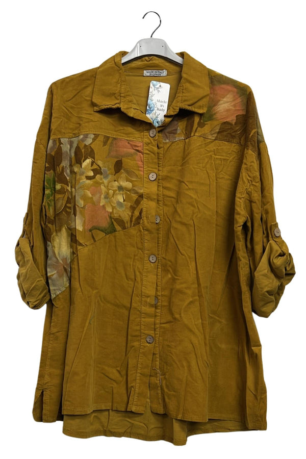 Abstract Floral Patch Print Button-Up High Low Hem Cotton Shirt