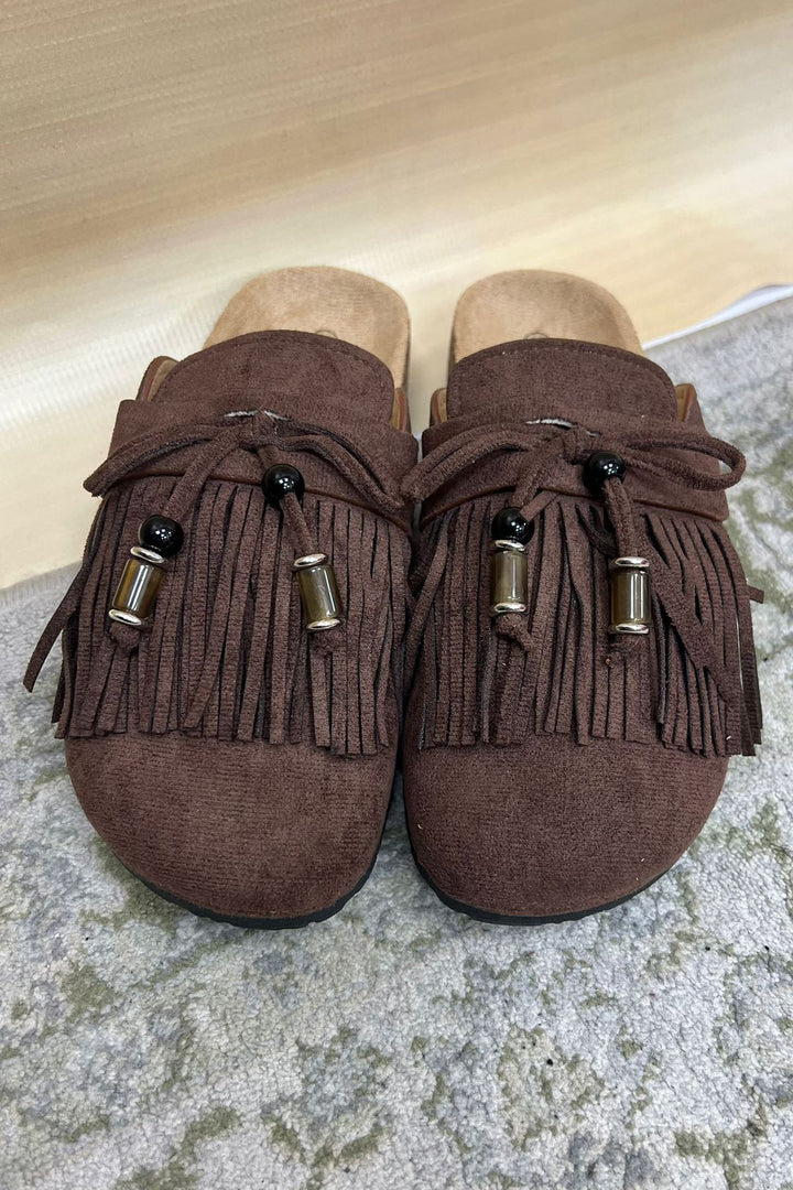 beaded detail fringe slip on shoes