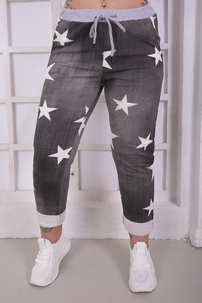 Star Print Foldover Hem Cotton Trouser